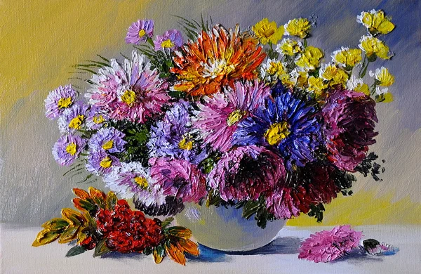 Olie op canvas - stilleven schilderen van bloemen op de tafel, kunst wo — Stockfoto