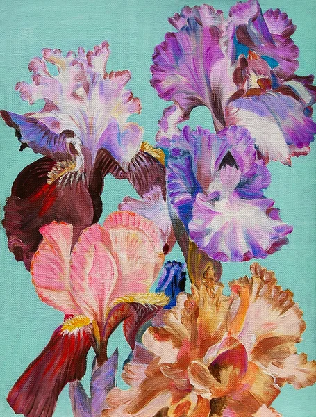Oil painting, watercolor flowers iris, colorful art — Stock Photo, Image