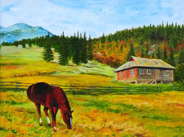 Paisaje de montaña, caballo cerca de la casa en las montañas, pintura al óleo — Foto de Stock