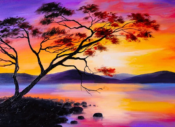 Pôr do sol colorido no lago, pintura a óleo, aquarela arte — Fotografia de Stock