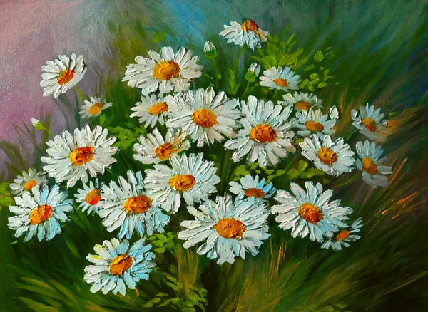 Oil Painting - abstract illustration of flowers, daisies, greens — Stock Photo, Image