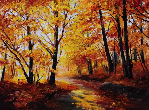 Pintura al óleo - colorido bosque de otoño, obra de arte — Foto de Stock