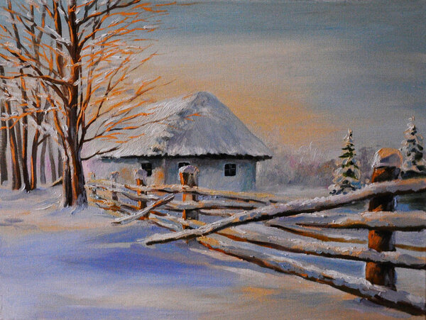 Oil painting of winter house , art work — Stock Photo, Image