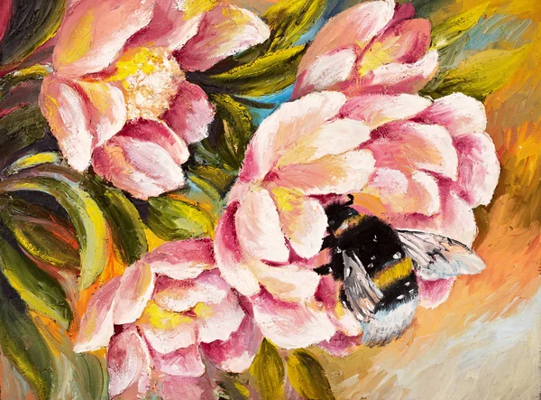 Pittura ad olio - ape seduta su un fiore — Foto Stock