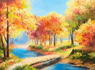yağlı boya peyzaj - renkli sonbahar orman 