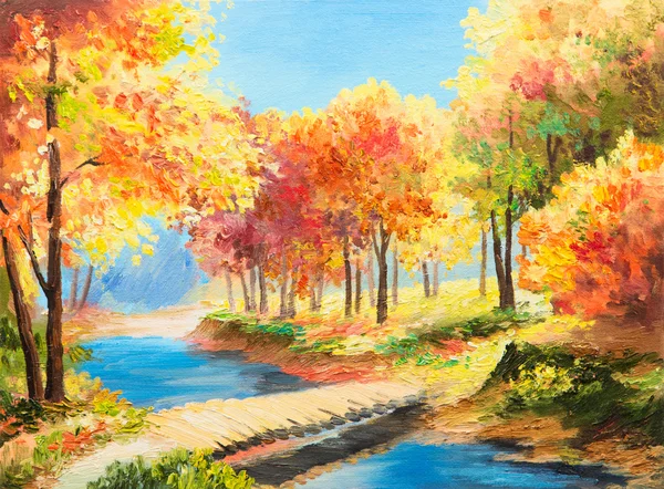 Pintura al óleo paisaje - bosque de otoño colorido —  Fotos de Stock