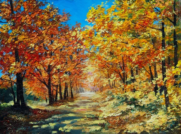 Pintura al óleo paisaje - bosque de otoño, hojas de color rojo brillante, azul — Foto de Stock