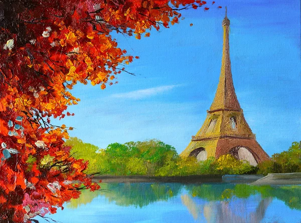 Oil painting - lake near the Eiffel Tower — Stock Photo, Image