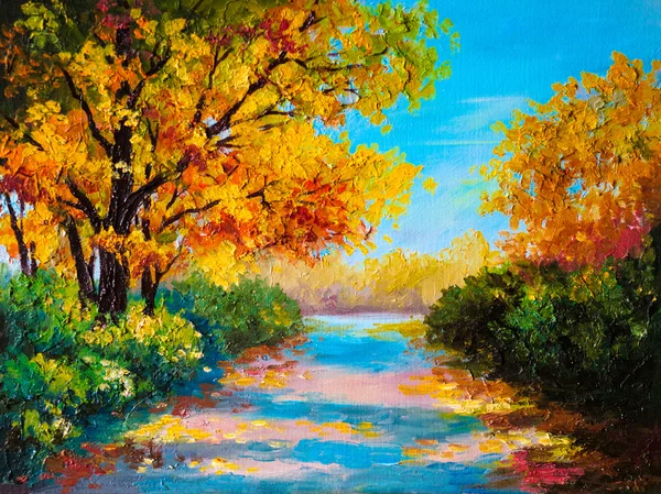 Pintura al óleo paisaje - bosque de otoño colorido — Foto de Stock