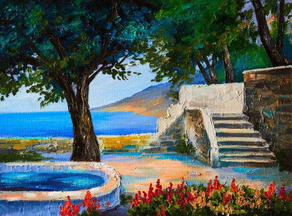 Пейзаж живописи маслом - терраса у моря, цветы — стоковое фото