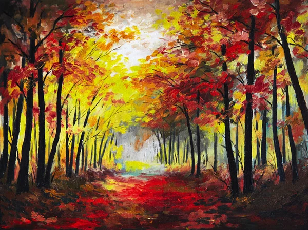 Obraz olejny pejzaż - jesień kolorowy las — Zdjęcie stockowe