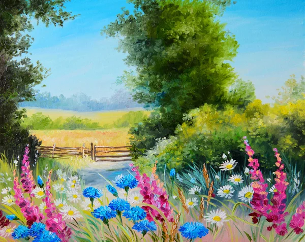 ภาพสีน้ํามัน สนามที่มีดอกไม้และภาพวาดนามธรรมในป่า รูปภาพสต็อก