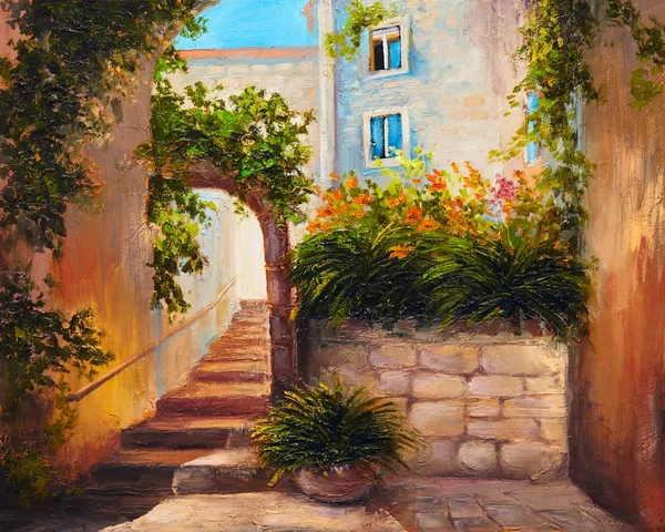 Oil painting - summer street with blooming flowers. Colorful abs — Stock Image Oil painting - summer street with blooming flowers. Colorful abs Royalty Free Stock Images