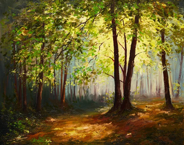 Pemandangan cat minyak - hutan musim panas, seni abstrak berwarna-warni Stok Lukisan  