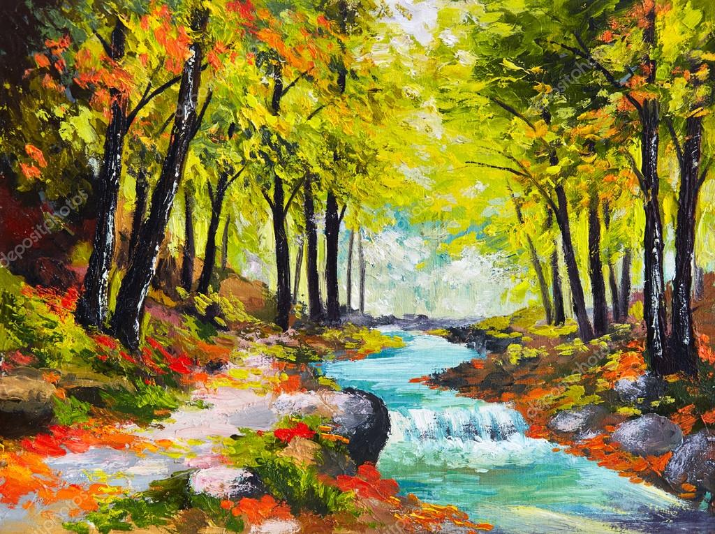Uma pintura de uma floresta com um riacho passando por ela.