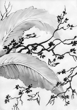 illüstrasyon, doğa, kuşlar, dalları kroki