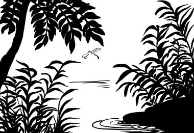 illüstrasyon, doğa, bataklık, ağaç, ırmaklar, göller kroki