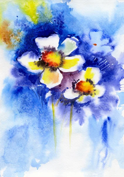 Aquarela pintura de flores brancas em um fundo azul — Fotografia de Stock