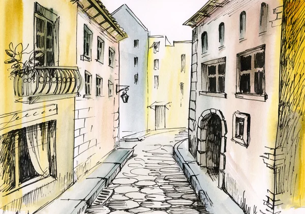 Akvarell målning av en smal gata, arkitektur — Stockfoto