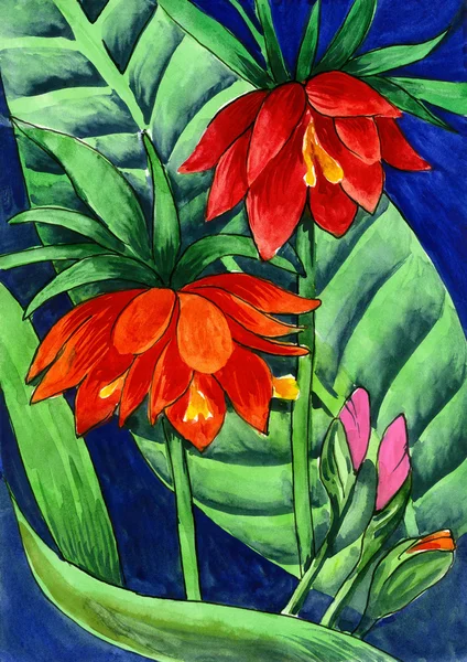 Watercolour painting - red flowers in the swamp — Stock Photo, Image