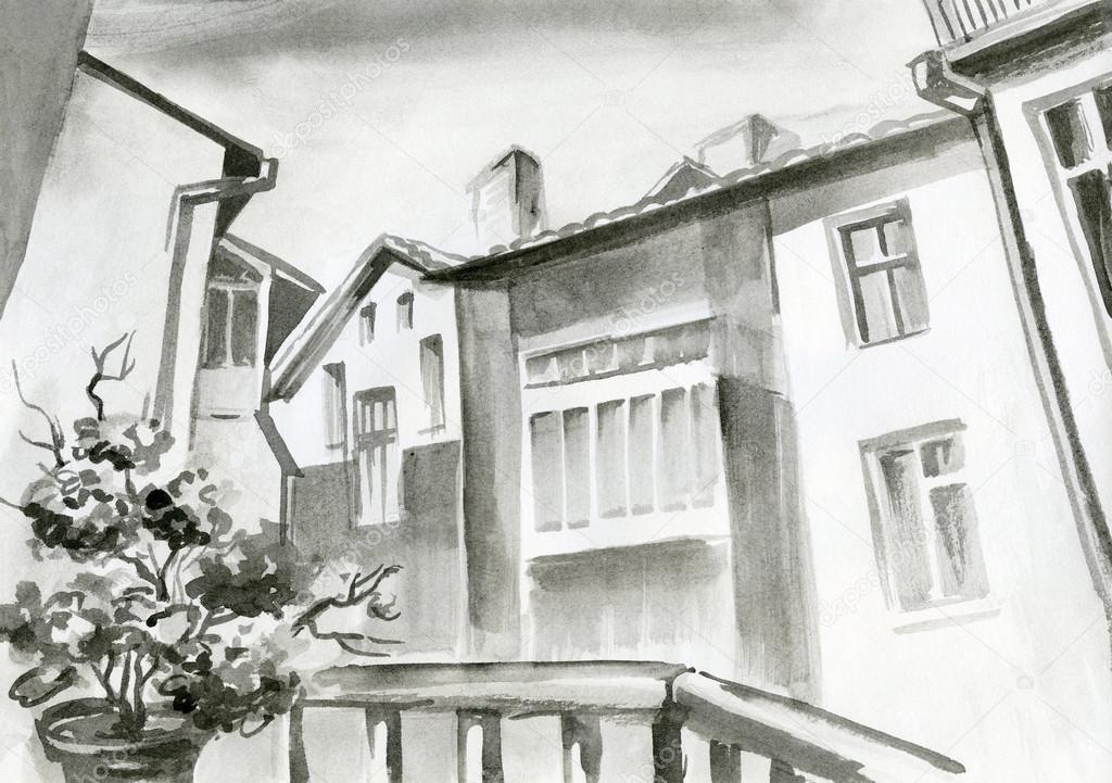 Aquarellmalerei, Bleistift, Bleistift Blick aus dem