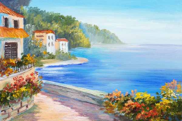 Pintura al óleo - casa cerca del mar, flores de colores, paisaje marino de verano —  Fotos de Stock