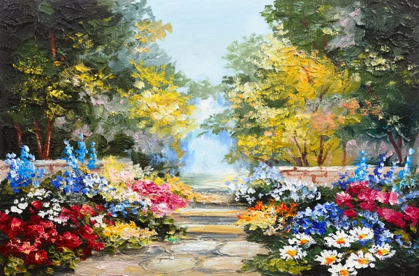 Pittura ad olio paesaggio colorato foresta estiva, bellissimi fiori — Foto Stock