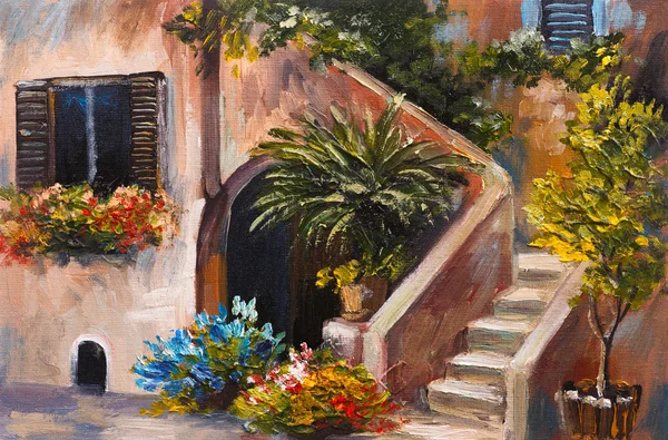 Pintura al óleo - terraza de verano, flores de colores en un jardín, casa en Grecia — Foto de Stock