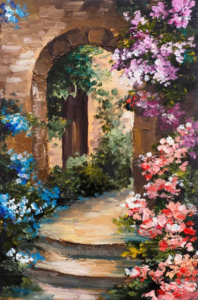 Lukisan minyak - teras musim panas, bunga-bunga berwarna-warni di taman, rumah di Yunani Stok Foto Bebas Royalti