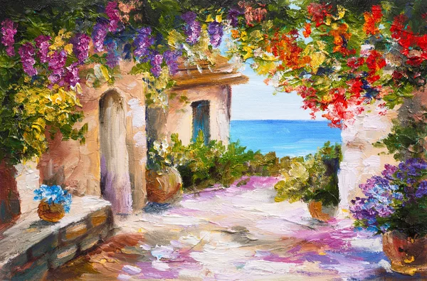 Lukisan minyak - rumah dekat laut, bunga-bunga berwarna-warni, pemandangan laut musim panas Stok Foto Bebas Royalti