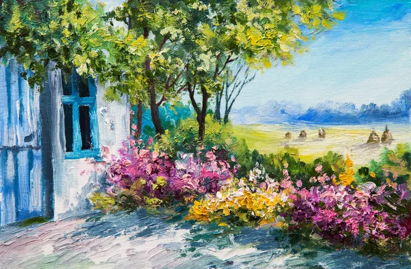 Paisagem pintura a óleo - jardim perto da casa, flores coloridas, floresta de verão — Fotografia de Stock