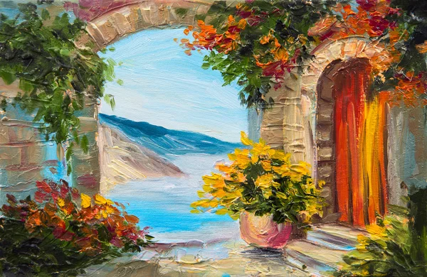 Lukisan minyak - rumah dekat laut, bunga-bunga berwarna-warni, laut musim panas Stok Foto