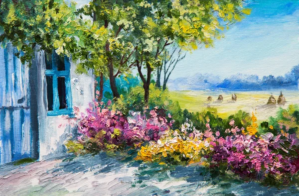 Pemandangan lukisan minyak - taman di dekat rumah, bunga-bunga berwarna-warni, hutan musim panas Stok Gambar Bebas Royalti