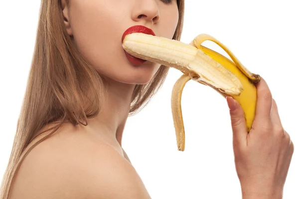 Horny girl eats and licks the banana, oral sex — Stock Photo, Image