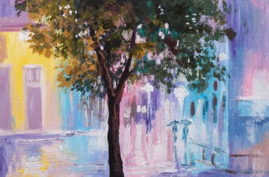 abstract impressionism, oil painting, silhouette of couple walking in the rain, colorful art