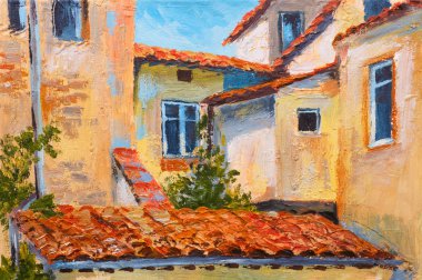 colorful oil painting - roofs of houses, European street, art  impressionism