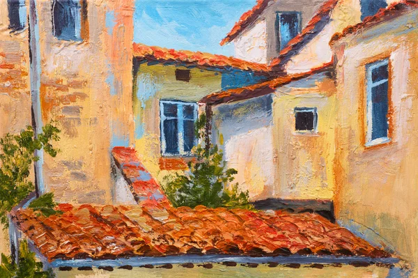 Peinture à l'huile colorée - toits de maisons, rue européenne, impressionnisme d'art — Photo