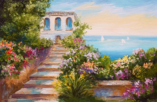Lukisan minyak - rumah dekat laut, bunga-bunga berwarna-warni, pemandangan laut musim panas Stok Gambar Bebas Royalti