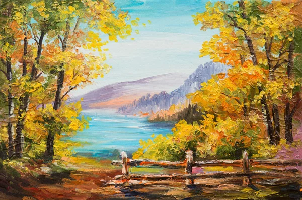 Pintura al óleo paisaje colorido bosque de otoño, lago de montaña, impresionismo — Foto de Stock