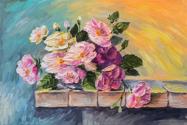 Oil painting on canvas - still life flowers on the table — Stock Photo, Image