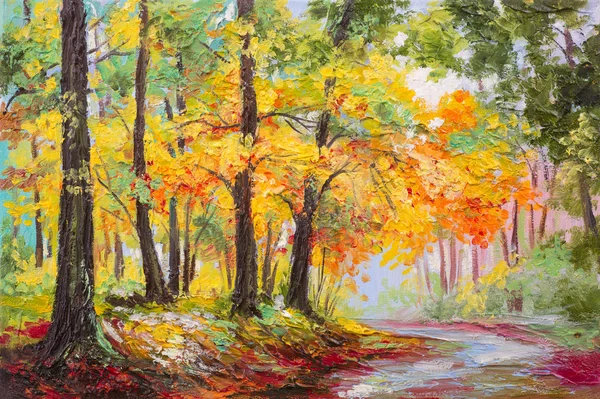 Oil painting landscape - colorful autumn forest