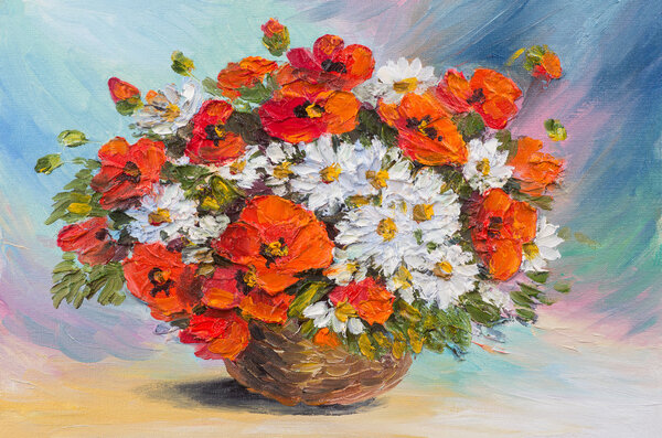 Oil painting still life, abstract watercolor bouquet of poppies and daisies — Stock Photo, Image