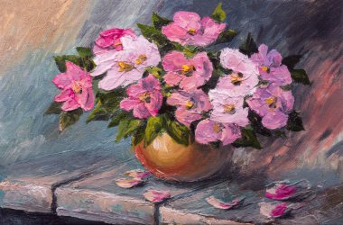 Tual üzerine yağlıboya - masaya natürmort çiçek Yağlıboya Resim