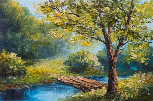 油画风景-多姿多彩的夏天森林，美丽的河 — 图库照片