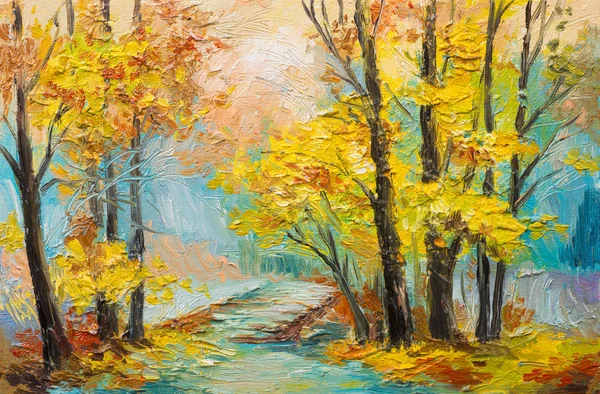 Oil painting landscape - colorful autumn forest — Stock Photo, Image