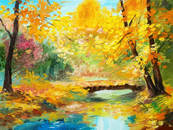 Pintura al óleo paisaje colorido bosque de otoño, hermoso río — Foto de Stock