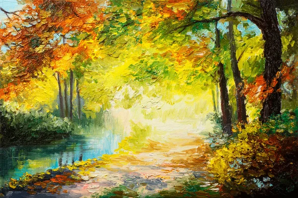 Pintura al óleo paisaje - bosque de otoño colorido — Foto de Stock