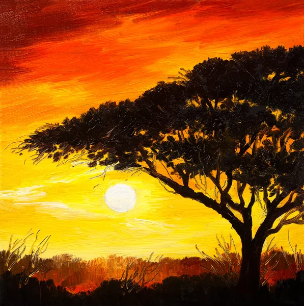 Pintura al óleo paisaje - puesta de sol en el bosque, papel pintado, sol brillante —  Fotos de Stock