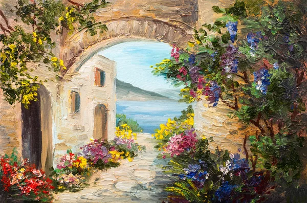 Pittura a olio - casa vicino al mare, fiori colorati, paesaggio marino estivo — Foto Stock