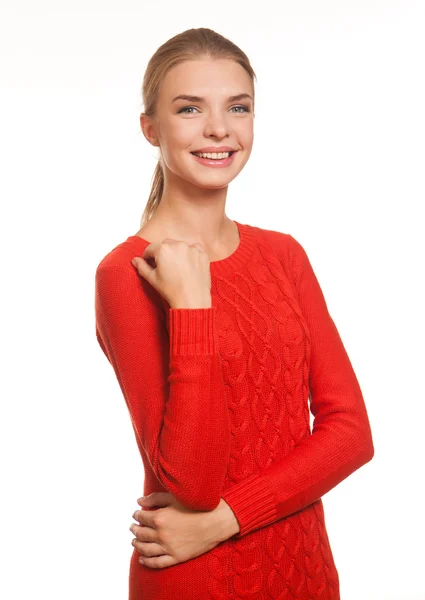 Modelo posando no vestido vermelho no fundo branco — Fotografia de Stock
